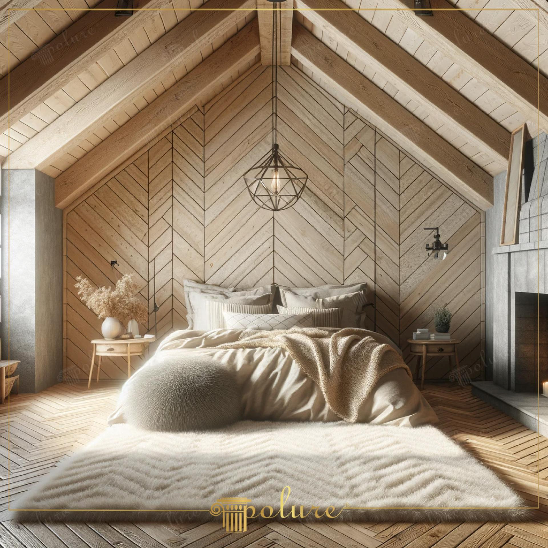 Ahşap görünümlü poliüretan tavan kirişleri ve mertekleri ile dekore edilmiş, balıksırtı duvar panelli rustik yatak odası.