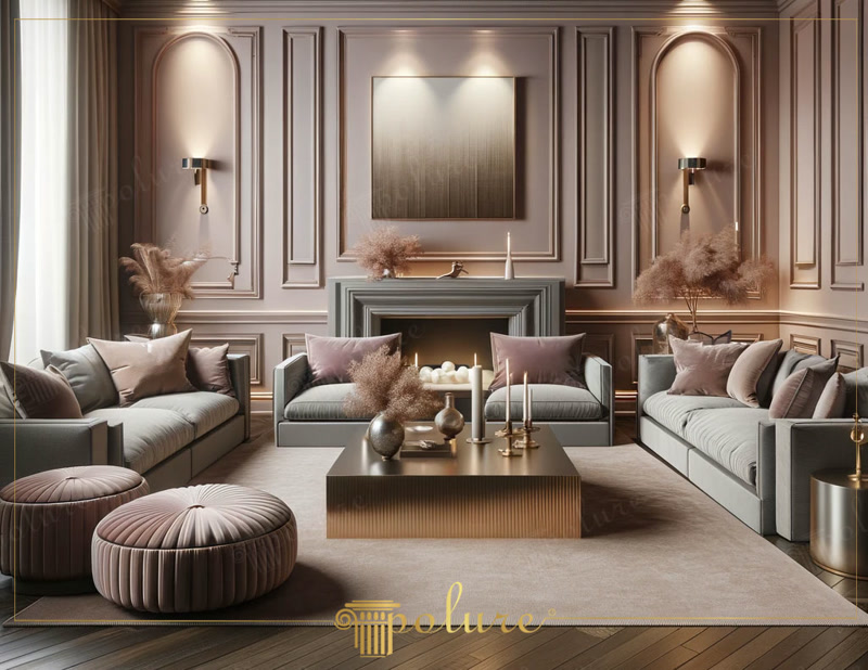 Poliüretan duvar çıtası ve çerçeve modelleri ile dekore edilmiş modern şömineli salon iç mekan tasarımı.
