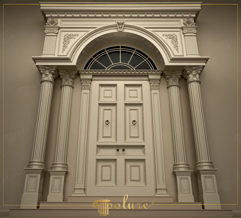 Poliüretan kemerli dış cephe kapı sövesi, yivli pilaster sütun ve dekoratif kapı tacı giydirme modeli.