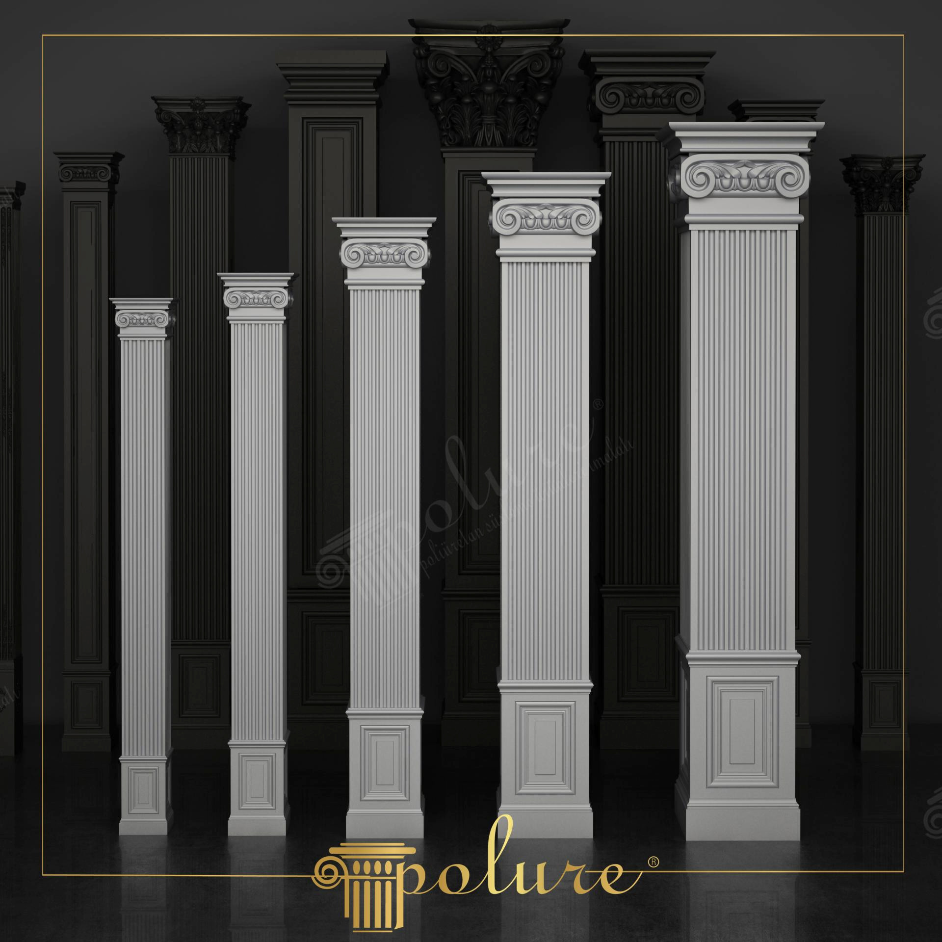 Karanlık bir arka planda yan yana dizilmiş, farklı genişliklerde beyaz yivli poliüretan pilaster sütun modelleri ve başlıkları.