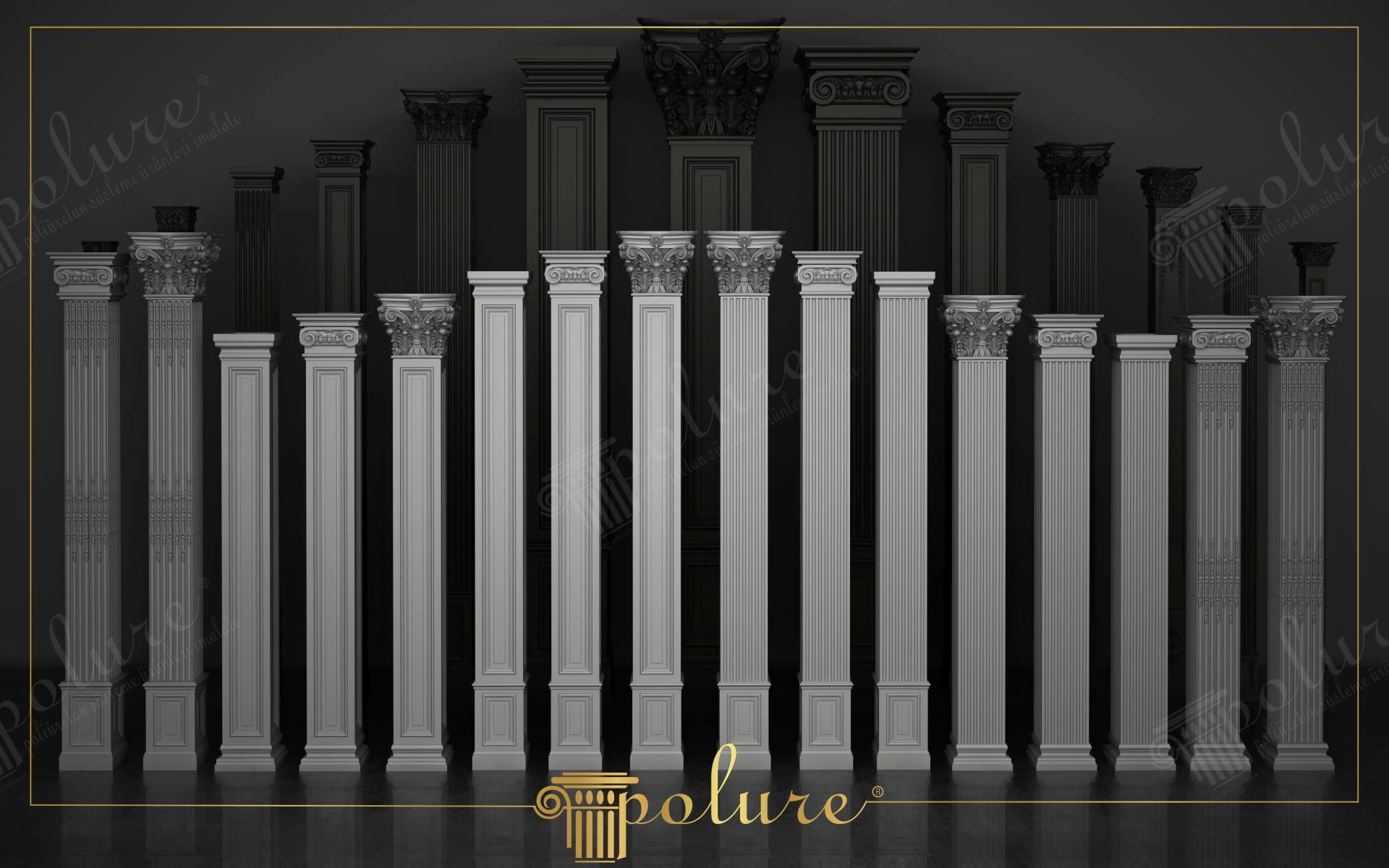 Siyah arka planda sergilenen çeşitli yivli ve düz tasarımlı beyaz poliüretan pilaster sütunlar ve dekoratif sütun başlıkları.