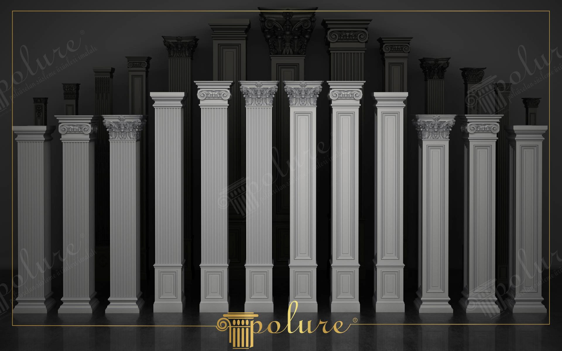 Karanlık bir arka planda yan yana dizilmiş farklı başlıklara sahip beyaz poliüretan pilaster sütun ve gömme sütun modelleri.