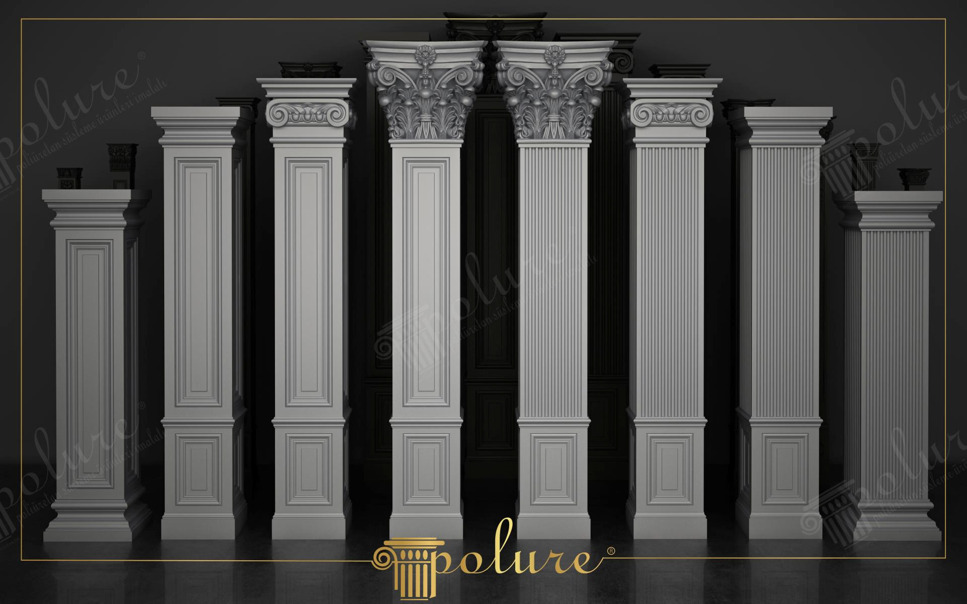 Sıralı halde duran farklı başlık ve gövde tasarımlarına sahip gri renkli poliüretan pilaster sütun modelleri.