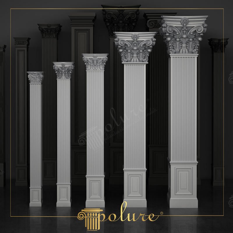 Siyah arka planda beş farklı boyutta yivli gövdeli ve korint başlıklı beyaz poliüretan pilaster sütun dizisi.