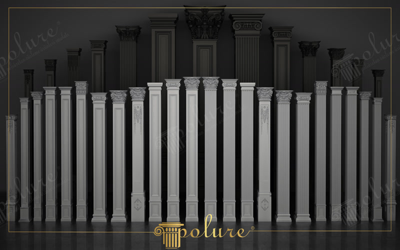 Farklı başlık ve gövde tasarımlarına sahip beyaz poliüretan pilaster sütun modelleri yan yana sıralanmış.