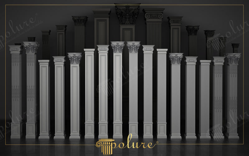 Klasik tarzda üretilmiş beyaz renkli poliüretan pilaster sütun gövdeleri ve oymalı başlık modelleri sergisi