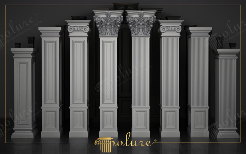 Sıralı halde duran farklı başlık ve gövde tasarımlarına sahip gri renkli poliüretan pilaster sütun modelleri.