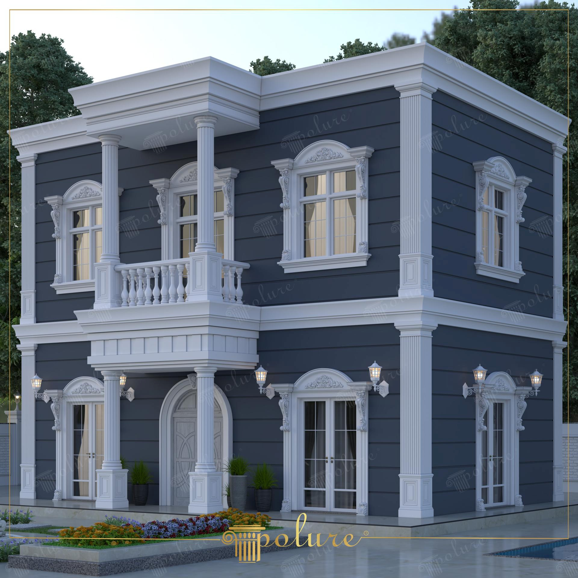 Antrasit renkli dış cephe üzerinde beyaz poliüretan söve, pilaster sütun ve pencereli lüks villa tasarımı.