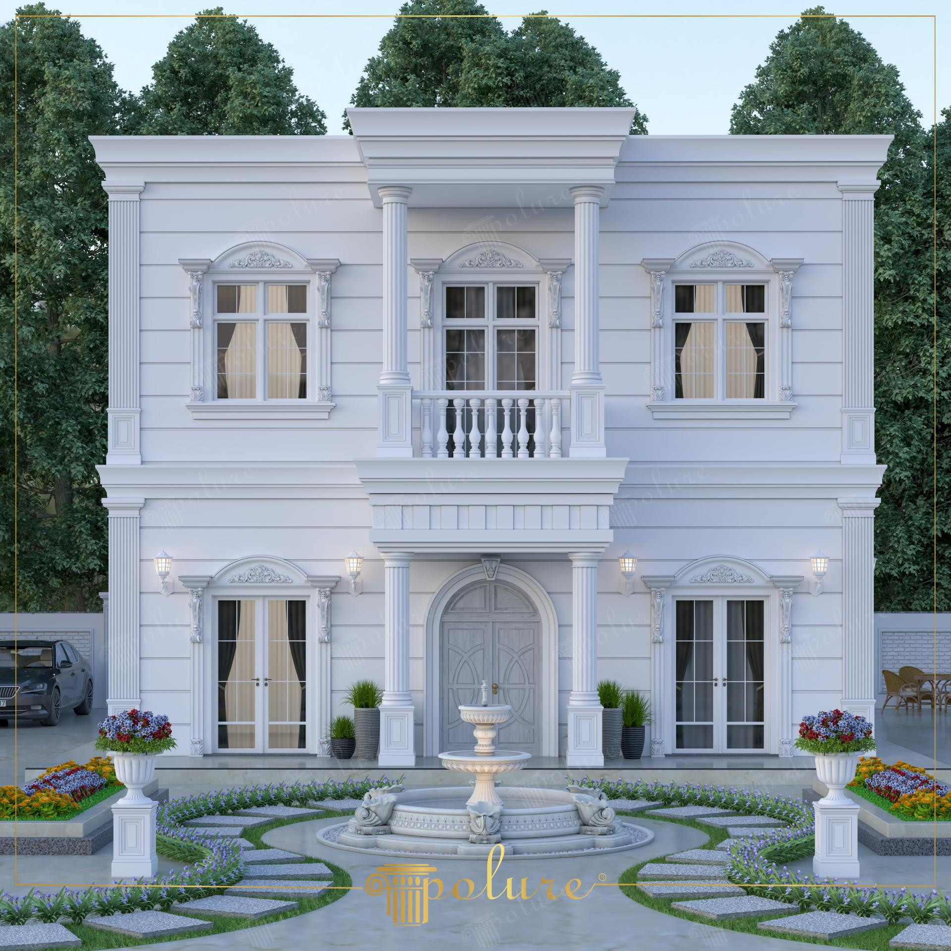 Beyaz neoklasik villa dış cephesinde poliüretan söve, sütun ve pencere süslemeleriyle tasarlanmış giriş ve balkon.