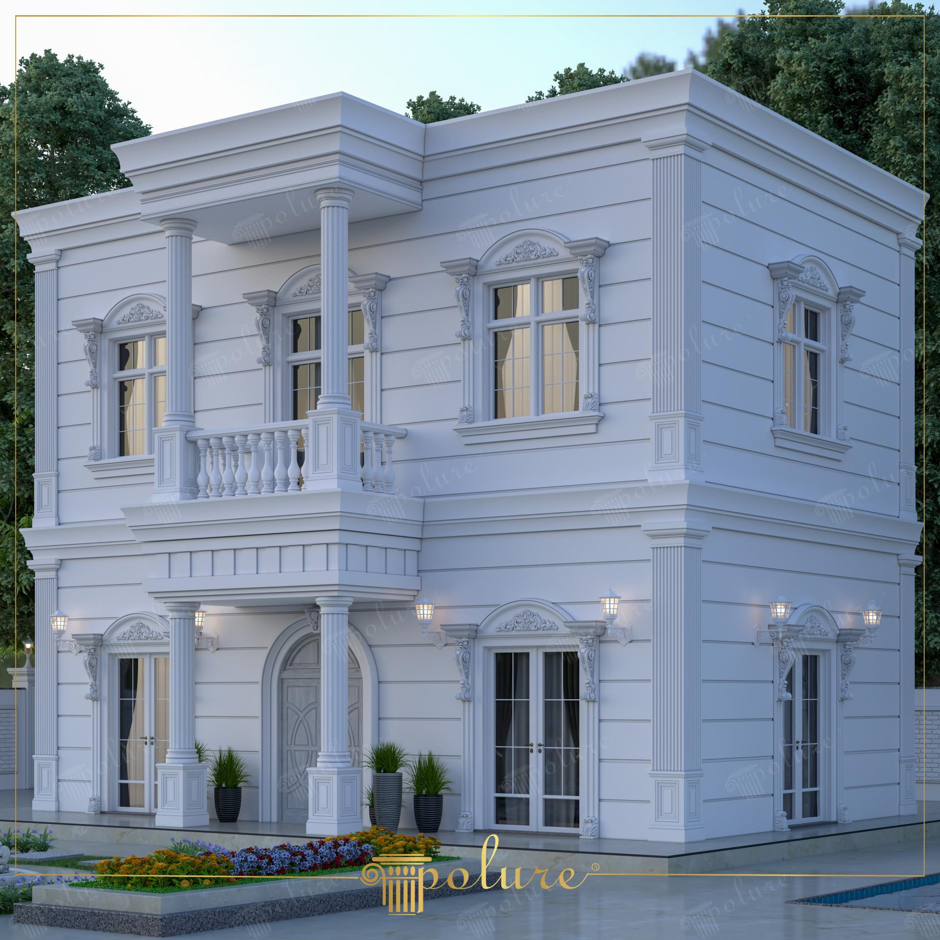 Beyaz neoklasik villa dış cephesinde poliüretan söve, pilaster sütun ve dekoratif pencere taçları uygulaması.