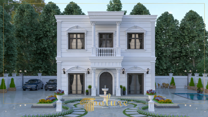 Poliüretan söve, pilaster sütun ve kavis kemer kaplamalı neoklasik beyaz villa dış cephe dekorasyonu.