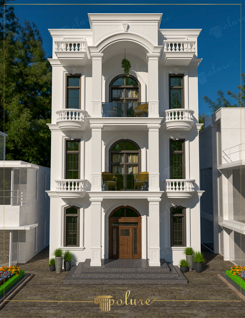 Beyaz neo-klasik villa dış cephesinde poliüretan sütunlar, balkon korkulukları ve kavisli pencere söveleri uygulaması.