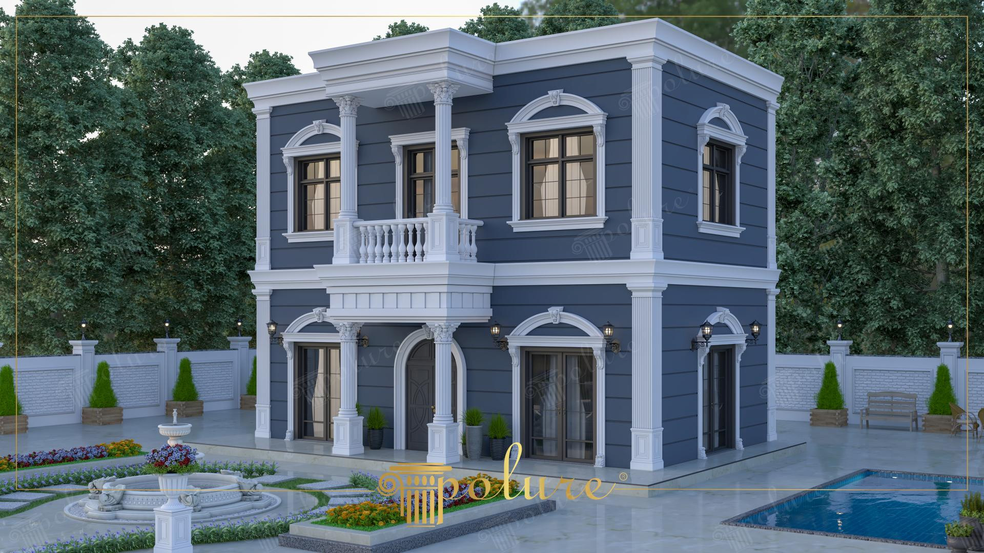 Antrasit dış cepheli, beyaz poliüretan söve ve sütun süslemeli iki katlı lüks neoklasik villa ve havuz alanı.