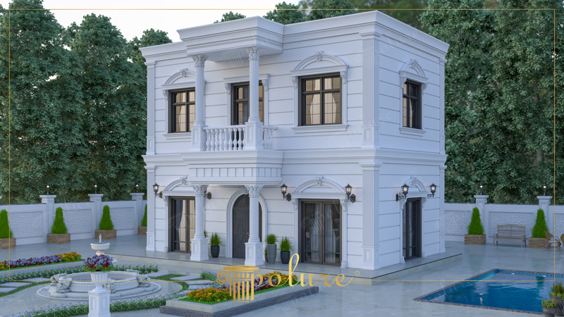 Beyaz neo-klasik iki katlı villa dış cephesinde poliüretan sütunlar, kemerli pencereler ve dekoratif söve kaplamaları.