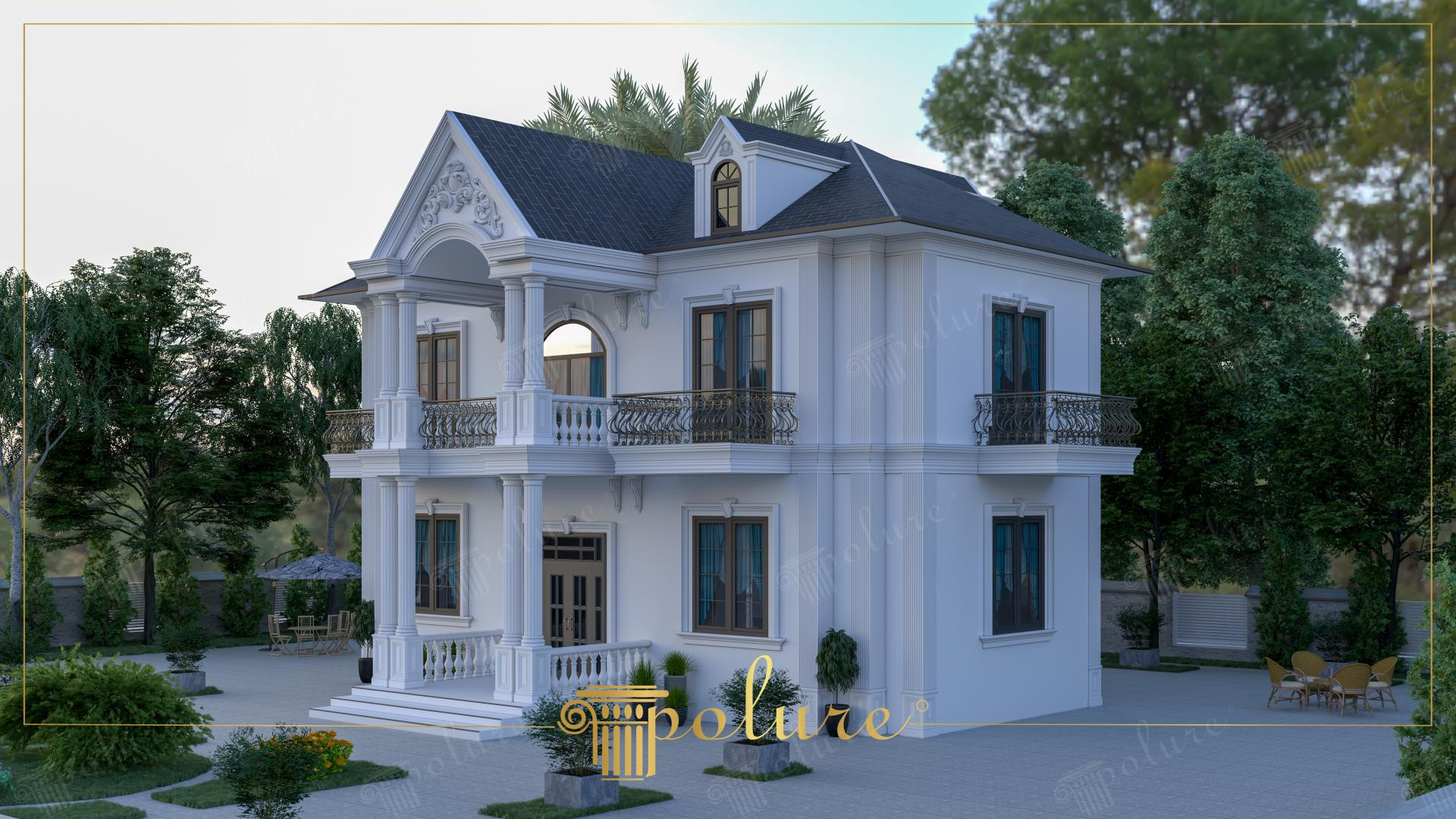 Beyaz dış cepheli, neoklasik tarzda tasarlanmış iki katlı lüks villa. Pencere taçları ve iyonik sütunlar belirgin.