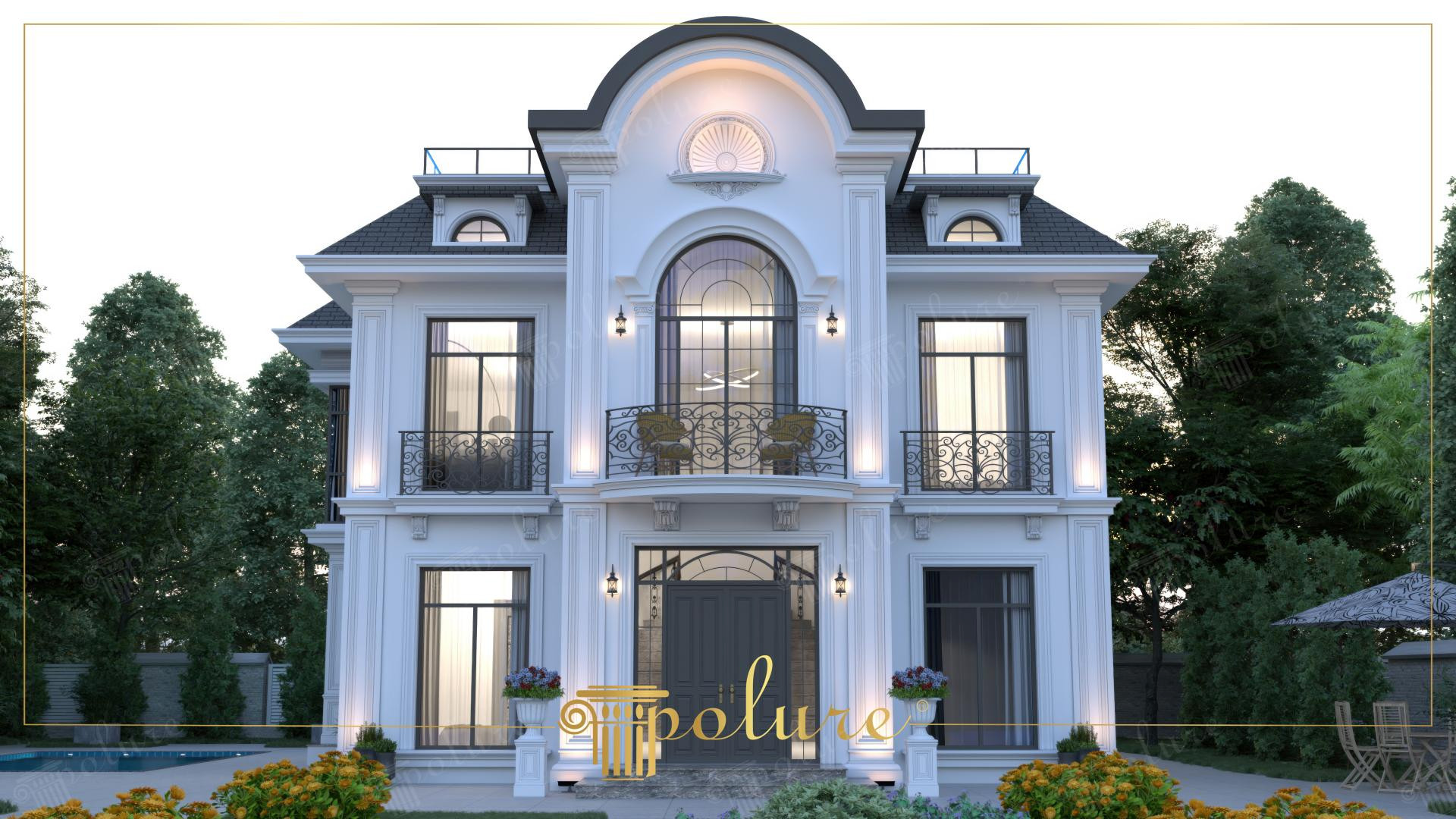 Neoklasik tarzda tasarlanmış, beyaz dış cepheli, poliüretan söve ve pilaster sütunlarla süslenmiş iki katlı lüks villa.