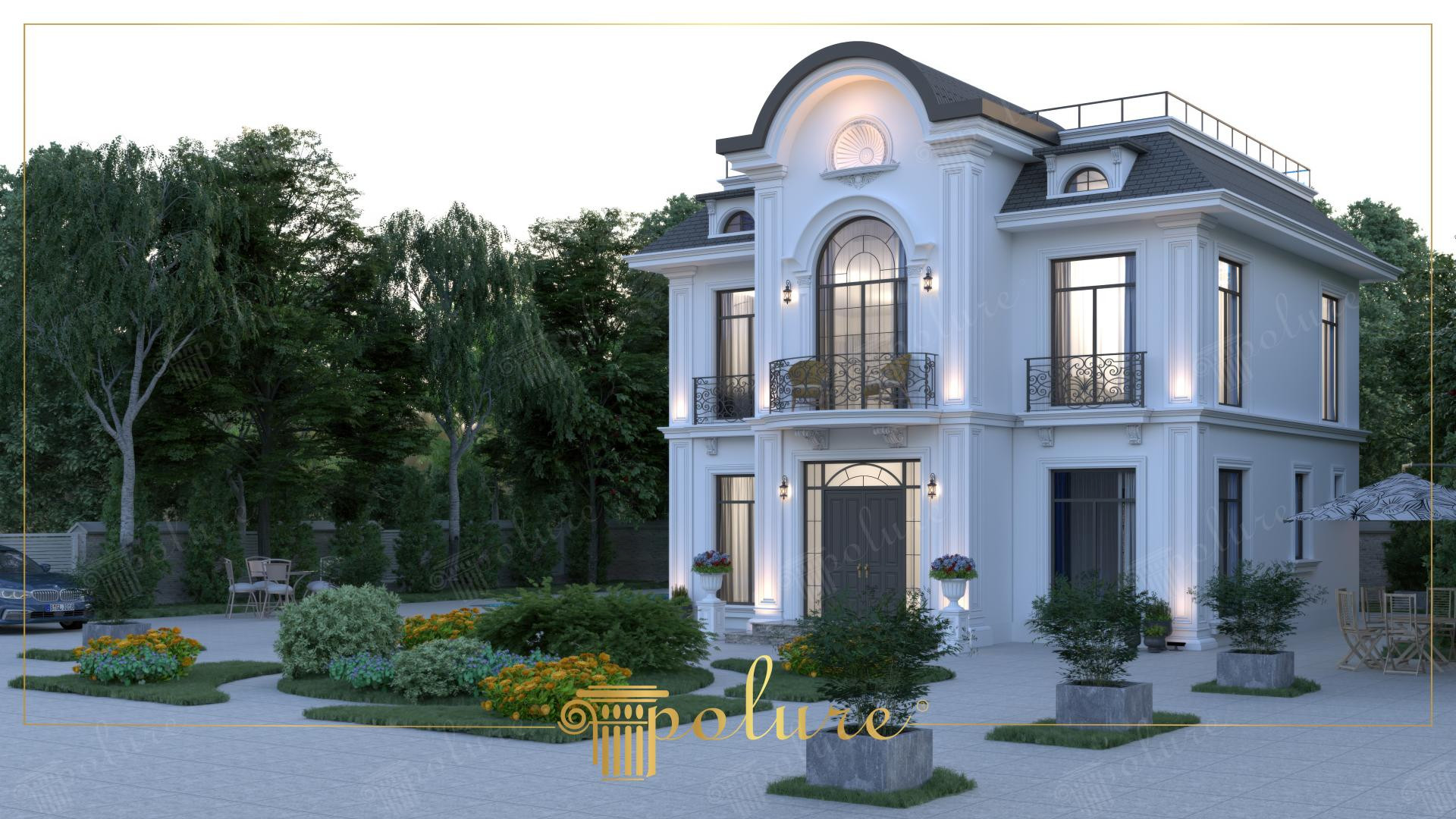 Beyaz neoklasik villa dış cephesinde poliüretan söve, pilaster sütun ve dekoratif pencere taçları uygulaması.