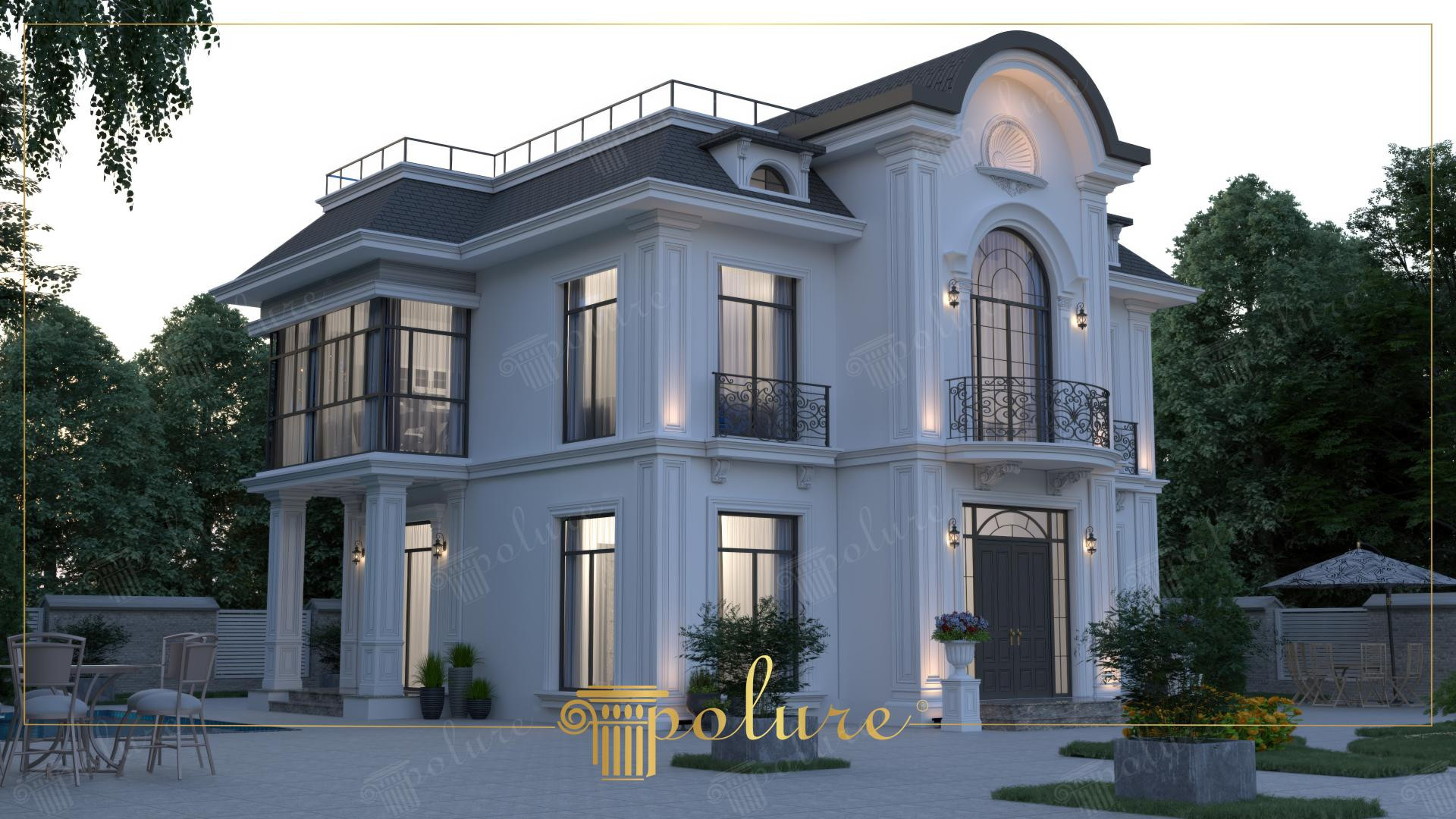 Beyaz dış cepheli, iki katlı neoklasik villa. Pencerelerde poliüretan söveler ve köşelerde pilaster sütunlar aydınlatma ile vurgulanmış.