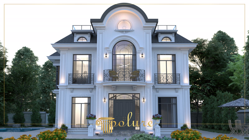 Neoklasik tarzda tasarlanmış, beyaz dış cepheli, poliüretan söve ve pilaster sütunlarla süslenmiş iki katlı lüks villa.