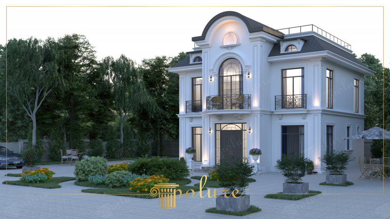 Beyaz neoklasik villa dış cephesinde poliüretan söve, pilaster sütun ve dekoratif pencere taçları uygulaması.