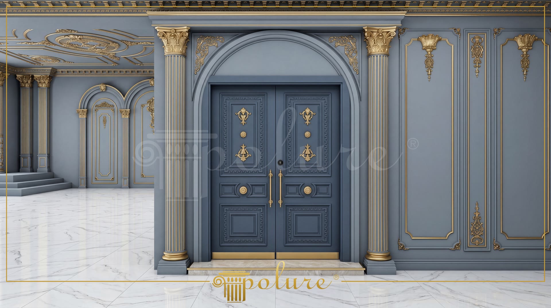 Klasik tarzda dekore edilmiş, altın varaklı mavi poliüretan pilaster sütunlar ve kemerli kapı tasarımı.