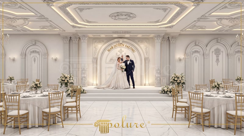Poliüretan pilaster sütunlar, yuvarlak kavisli kemerler ve duvar süslemeleri ile dekore edilmiş beyaz klasik düğün salonu.