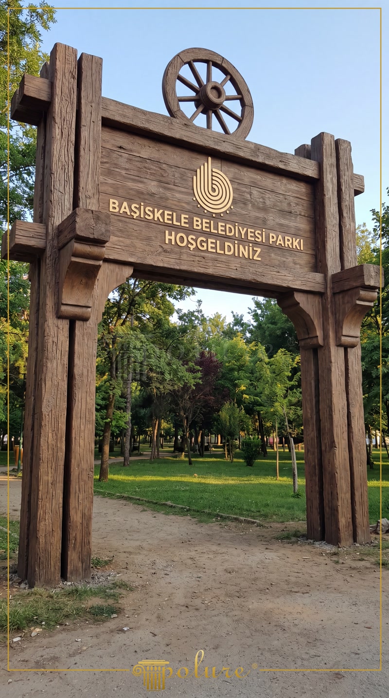 Poliüretan ahşap görünümlü kiriş ve kütüklerle yapılmış rustik tasarımlı belediye parkı giriş kapısı takı.
