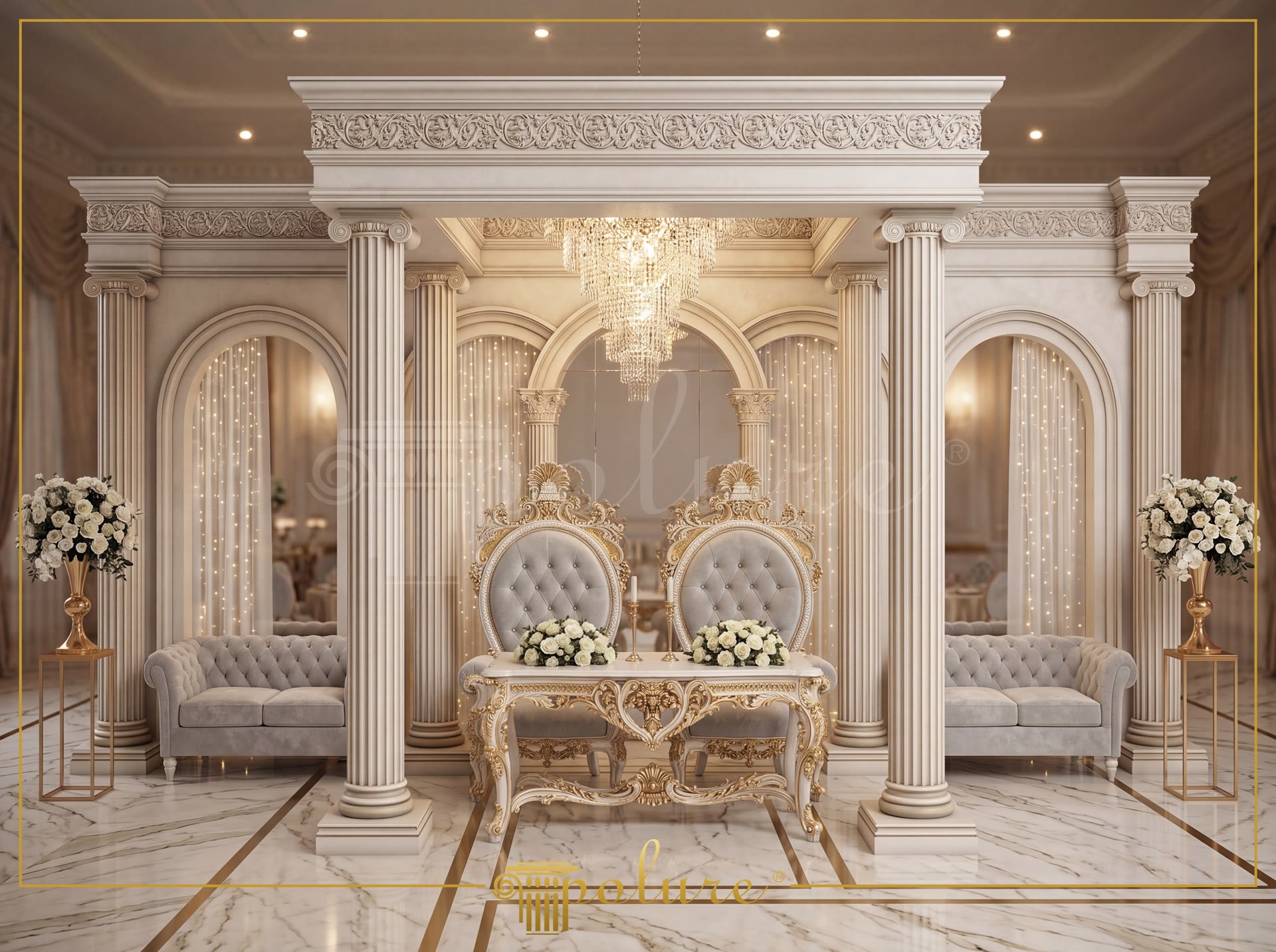 Klasik stil düğün salonunda poliüretan sütun, kemer, söve ve panellerle oluşturulmuş görkemli sahne dekorasyonu. Beyaz ve altın tonlarında lüks ambiyans.