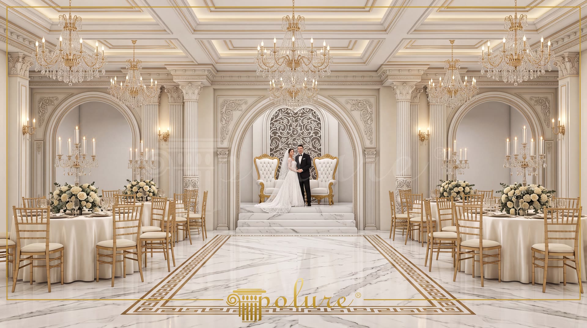 Klasik tarzda dekore edilmiş, bej ve altın tonlarında lüks bir düğün salonu iç mekanı. Kristal avizeler, pilaster sütunlar, yuvarlak kavis kemerler, çiçeklerle süslenmiş yuvarlak masalar ve gelin-damat için özel tahtlar bulunmaktadır. Zemin mermer olup, poliüretan dekoratif elemanlar kullanılmıştır.