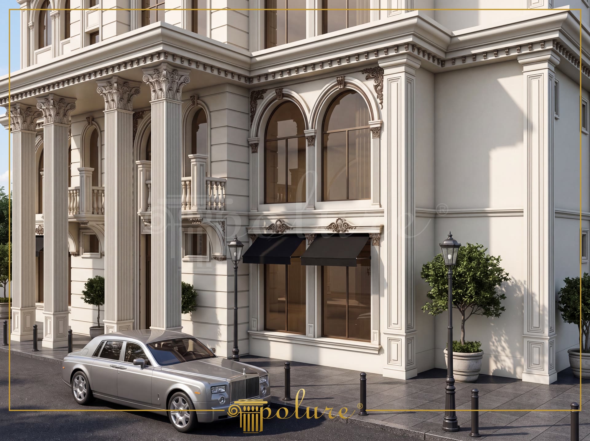 Gebze'de yer alan klasik stil bir otelin dış cephesinde, beyaz poliüretan söve, pilaster sütun, kemer ve süslemelerle zenginleştirilmiş dekorasyon uygulaması. Önünde gümüş renkli bir lüks araç park etmiş.
