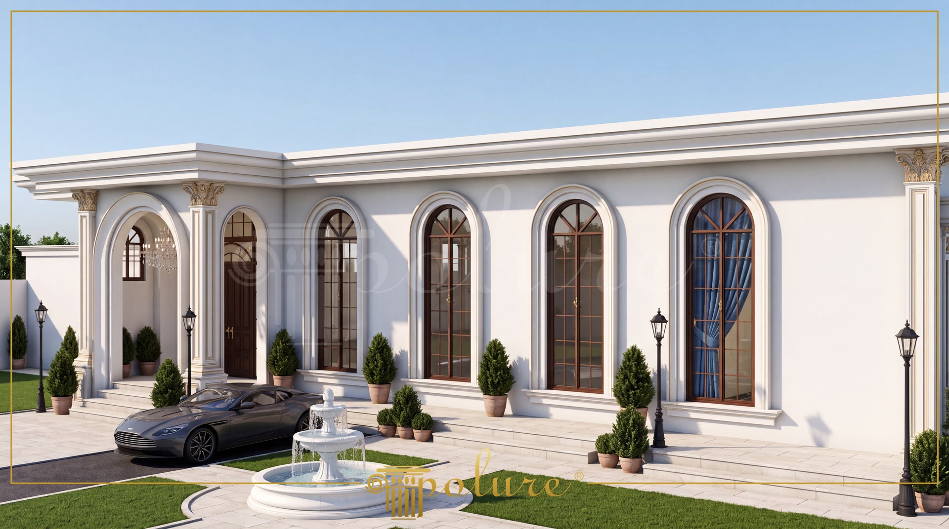 Tokat'taki bir düğün salonunun klasik mimariye sahip, poliüretan söve ve pilaster sütunlarla dekore edilmiş dış cephesi. Gri spor bir araba, şık bir fıskiye ve peyzaj detayları içeren bir ön bahçe görülüyor.
