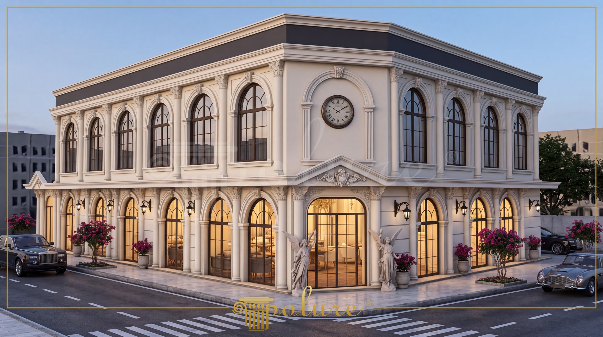 Tokat'ta klasik stile sahip, bej renkli, çok katlı bir düğün salonu dış cephesi. Pencere ve kapılarda kavisli söveler, pilaster sütunlar, dekoratif taçlar ve köşede büyük bir saat bulunuyor. Ön planda lüks araçlar, kaldırımda saksıda çiçekler ve melek heykelleri ile süslenmiş, akşam ışıklarında aydınlık bir yapı.