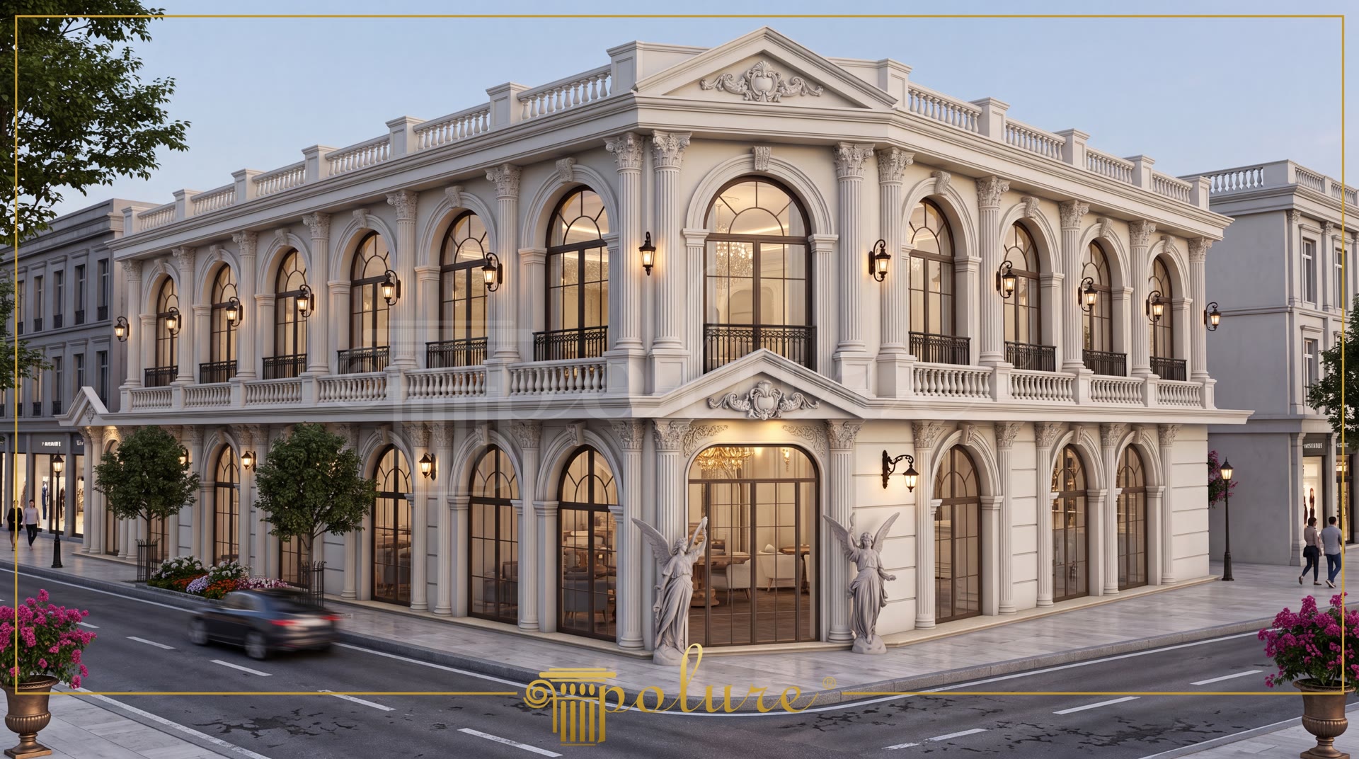 Tokat'ta klasik stil poliüretan dış cephe dekorasyonlu düğün salonu. Kemerli pencereler, pilaster sütunlar, söveler ve heykellerle süslü bina.