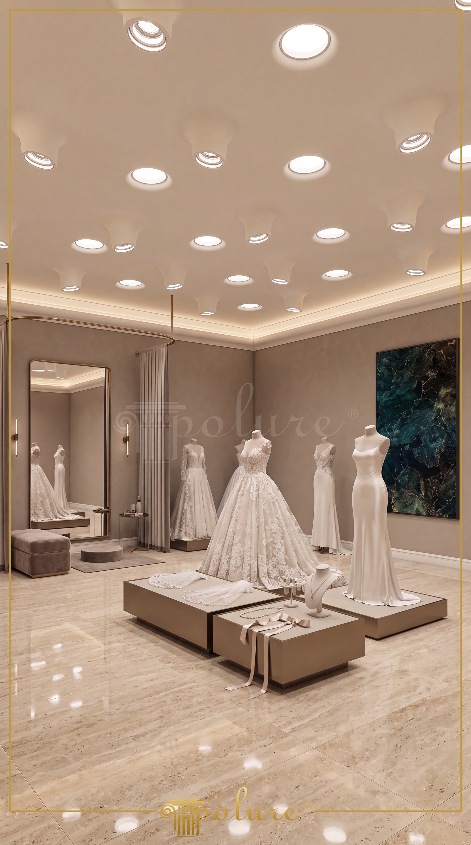 Modern gelinlik showroom tavanında uygulanan poliüretan gizli ışık profilleri ve konik tavan spot yuvası tasarımları.