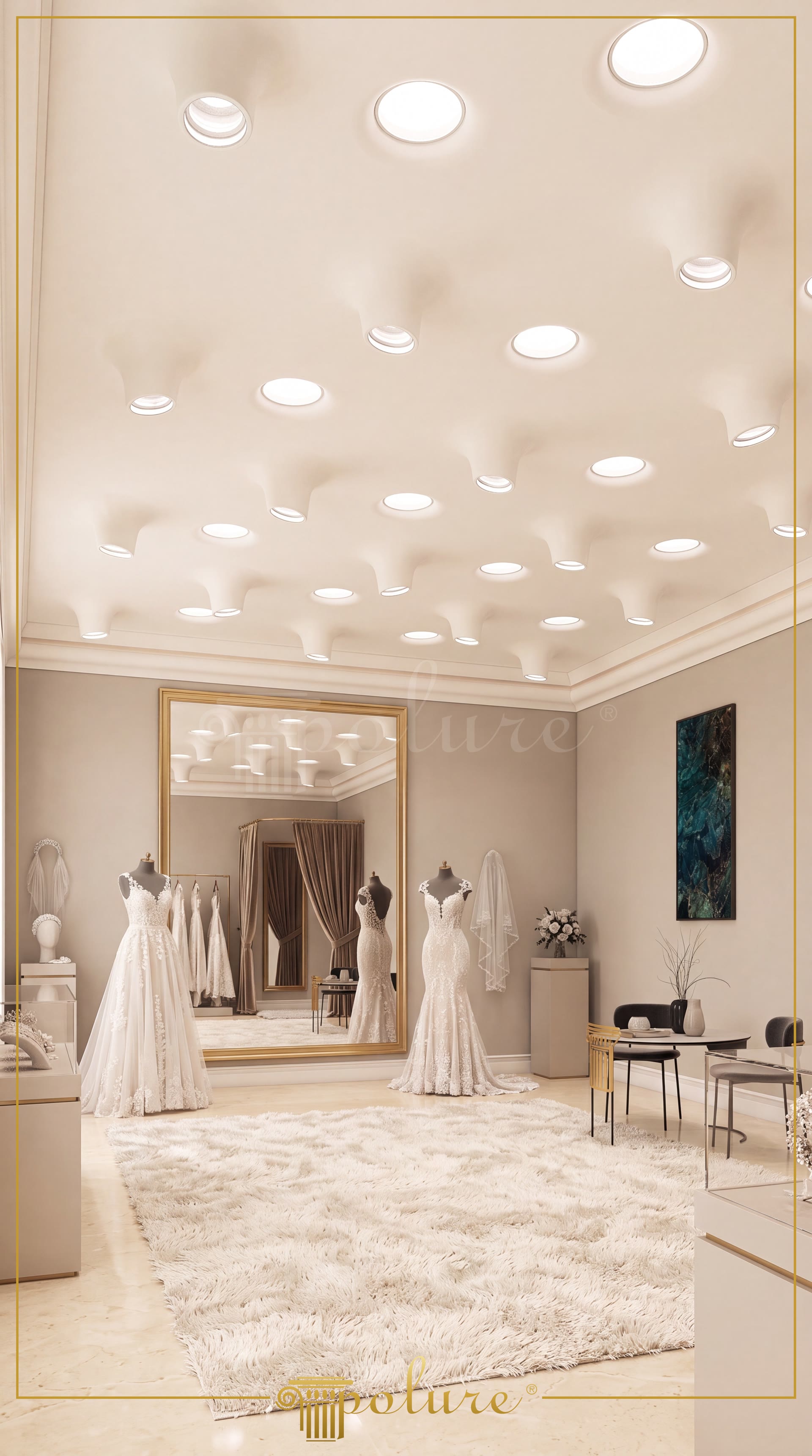Poliüretan tavan armatür yuvaları ve gizli ışık profilleri kullanılan modern gelinlik showroom tavan tasarımı.