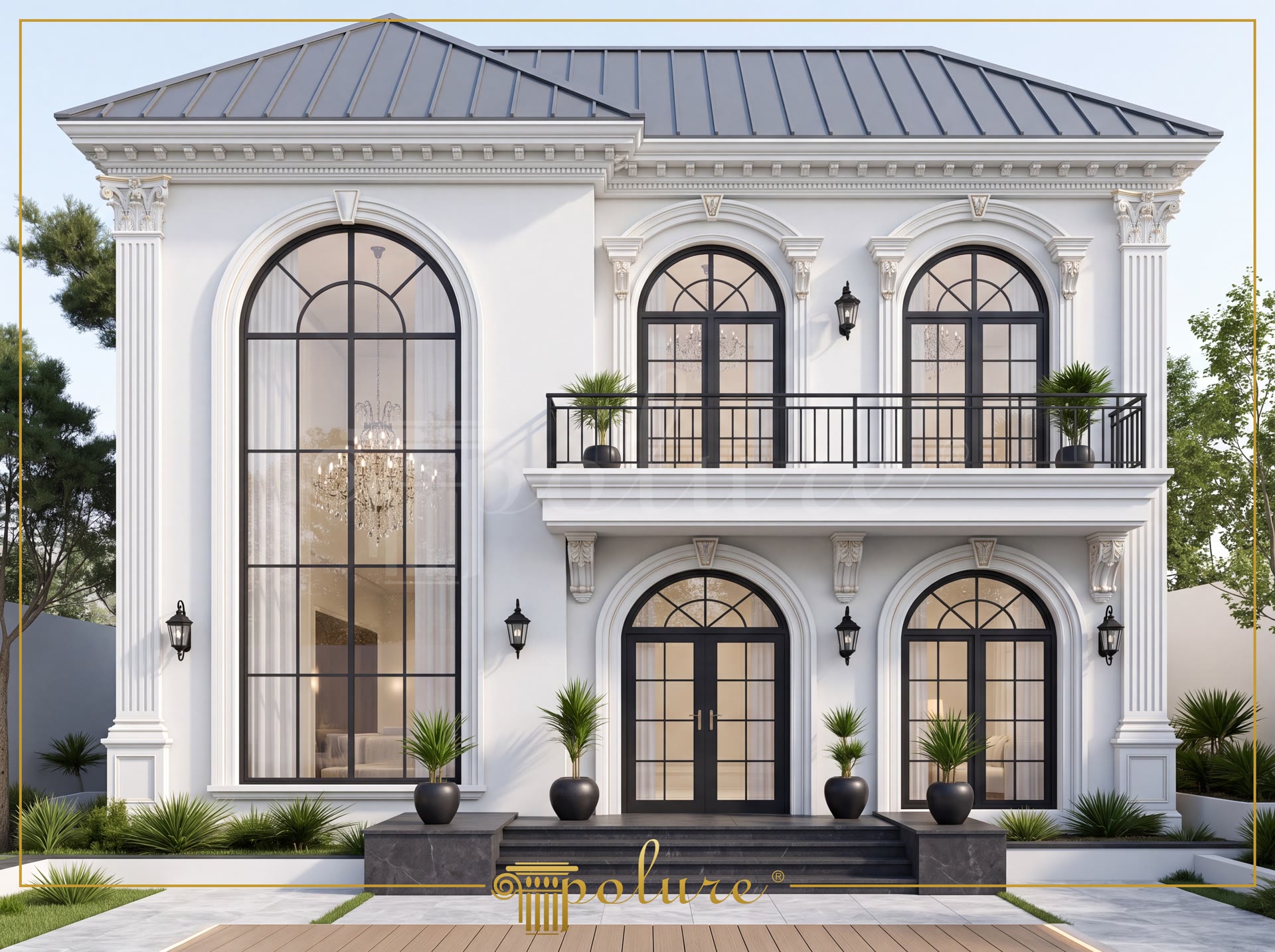 Poliüretan dış cephe söveleri, pilaster sütunlar ve kemer süslemeleri ile tasarlanmış beyaz renkli iki katlı klasik villa.