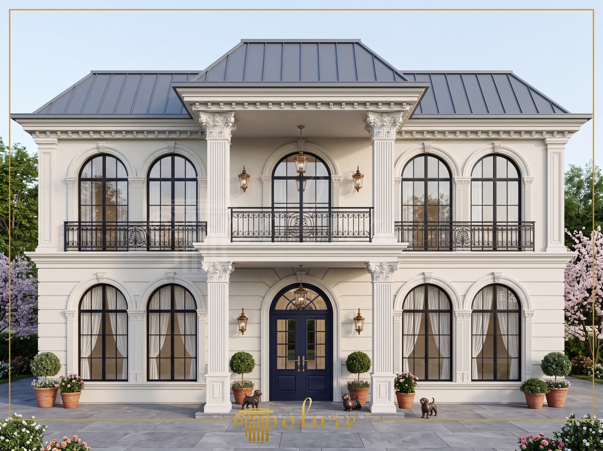 Balıkesir'de poliüretan söve, korint başlıklı yivli pilaster sütun ve kemer modelleriyle dekore edilmiş klasik villa dış cephesi.