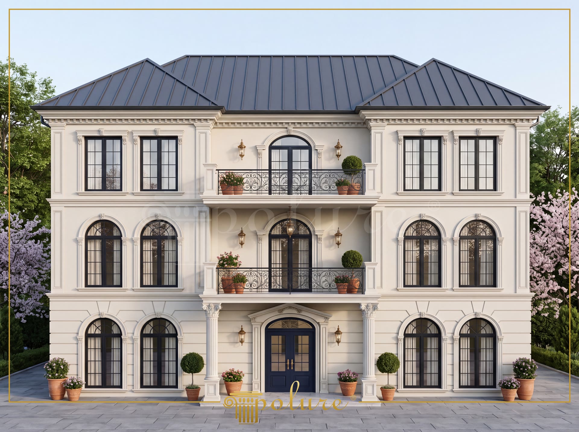 İzmir'de yer alan klasik villa dış cephesinde poliüretan söve, pilaster sütun ve kavisli kemer kaplamaları.