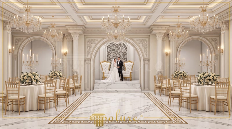 Klasik tarzda dekore edilmiş, bej ve altın tonlarında lüks bir düğün salonu iç mekanı. Kristal avizeler, pilaster sütunlar, yuvarlak kavis kemerler, çiçeklerle süslenmiş yuvarlak masalar ve gelin-damat için özel tahtlar bulunmaktadır. Zemin mermer olup, poliüretan dekoratif elemanlar kullanılmıştır.