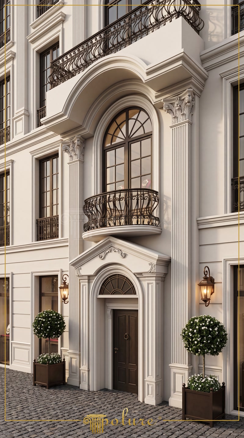 Poliüretan pilaster sütunlar ve yuvarlak kavisli kemerlerle süslenmiş neo-klasik tarzda bina dış cephesi ve giriş kapısı.