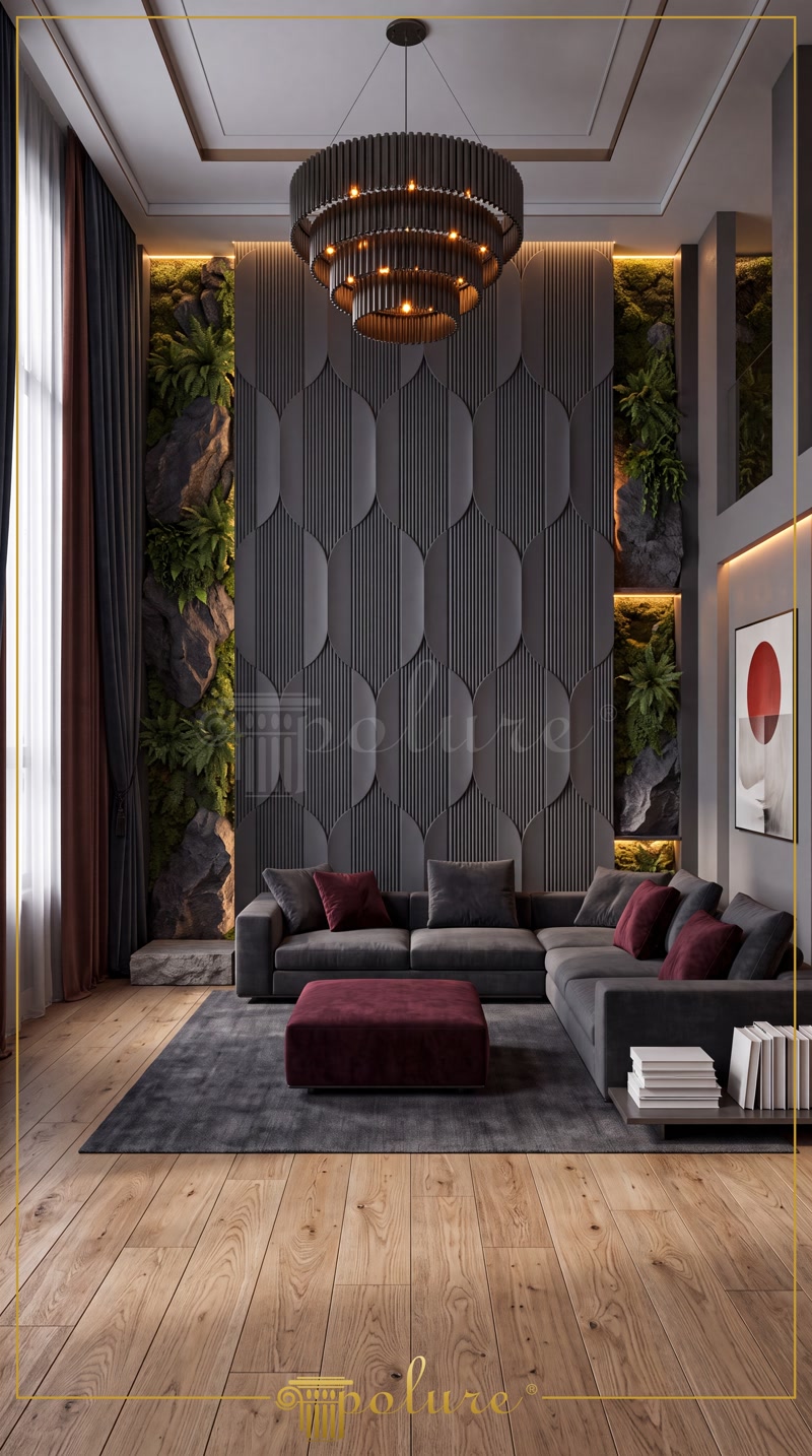 Poliüretan duvar paneli P312020 kullanılan modern, antrasit renkli yüksek tavanlı lüks salon dekorasyonu.