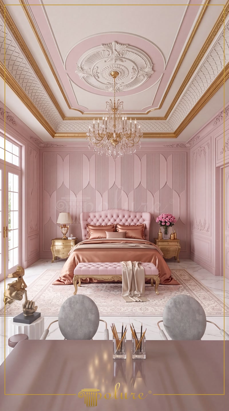 Pembe ve altın renklerin hakim olduğu klasik yatak odası. Poliüretan duvar panelleri, tavan göbeği ve kartonpiyer detaylarıyla lüks bir dekorasyon. Tufted yatak ve kristal avize.