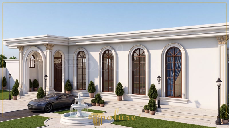 Tokat'taki bir düğün salonunun klasik mimariye sahip, poliüretan söve ve pilaster sütunlarla dekore edilmiş dış cephesi. Gri spor bir araba, şık bir fıskiye ve peyzaj detayları içeren bir ön bahçe görülüyor.