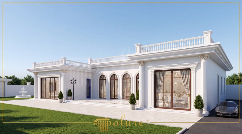 Tokat'ta yer alan, beyaz renkli, klasik stil bir düğün salonunun poliüretan söve, kemer ve pilaster sütunlarla dekore edilmiş dış cephesi. Yeşil çimler ve lüks bir araç görünüyor.
