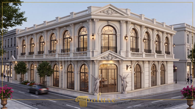 Tokat'ta klasik stil poliüretan dış cephe dekorasyonlu düğün salonu. Kemerli pencereler, pilaster sütunlar, söveler ve heykellerle süslü bina.