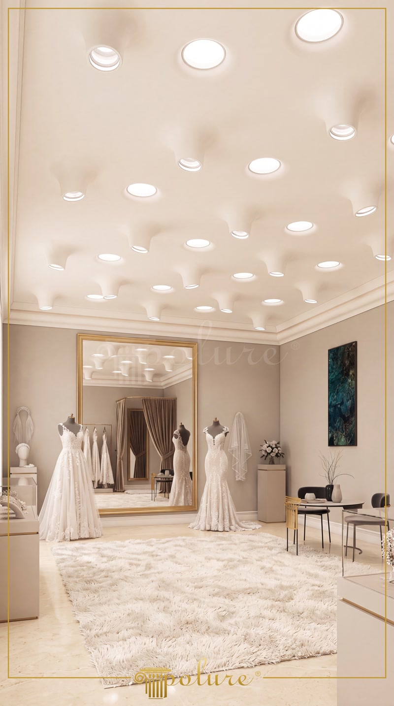 Poliüretan tavan armatür yuvaları ve gizli ışık profilleri kullanılan modern gelinlik showroom tavan tasarımı.