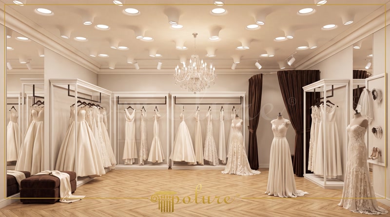 Gelinlik showroom alanında poliüretan tavan profilleri ve gizli ışık sistemleri ile yapılmış modern iç mekan dekorasyonu.