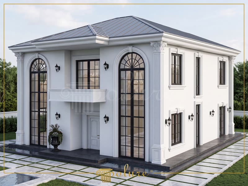 Gaziantep'te iki katlı klasik tasarımlı villa için yapılmış poliüretan dış cephe söve ve pilaster sütun kaplaması.