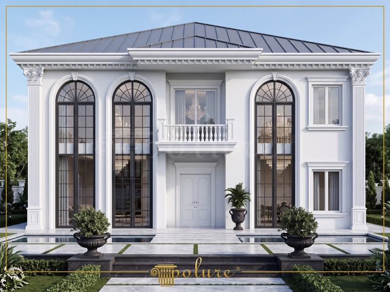 Klasik Ankara villa dış cephesinde kullanılan beyaz poliüretan söve, pilaster sütun ve kemer pencereler.