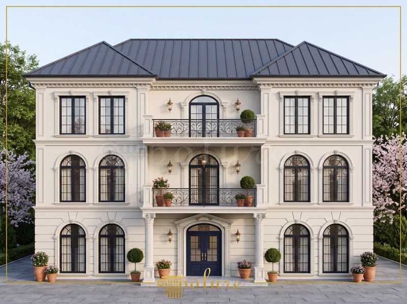 İzmir'de yer alan klasik villa dış cephesinde poliüretan söve, pilaster sütun ve kavisli kemer kaplamaları.